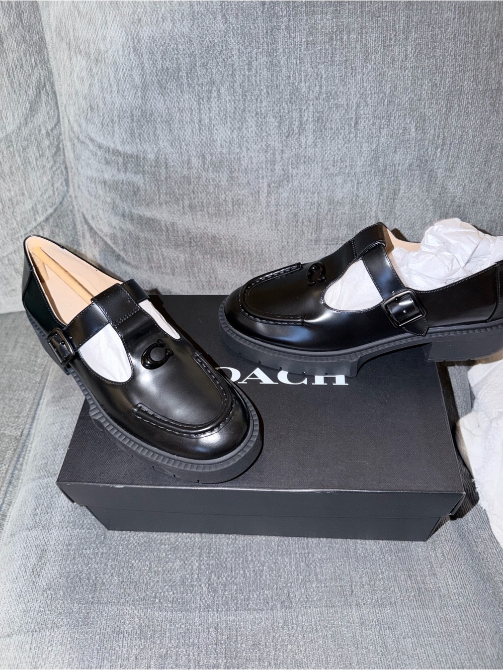 Coach Black Leather LIV Mary Jane Strap Loafers